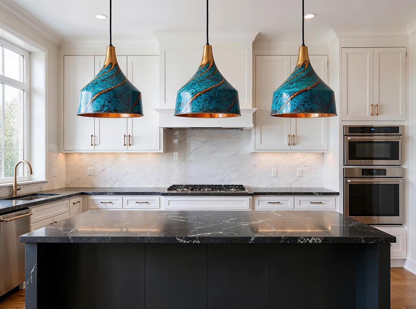 Handmade Blue Patina Brass Pendant Light - Moroccan Boho Lighting