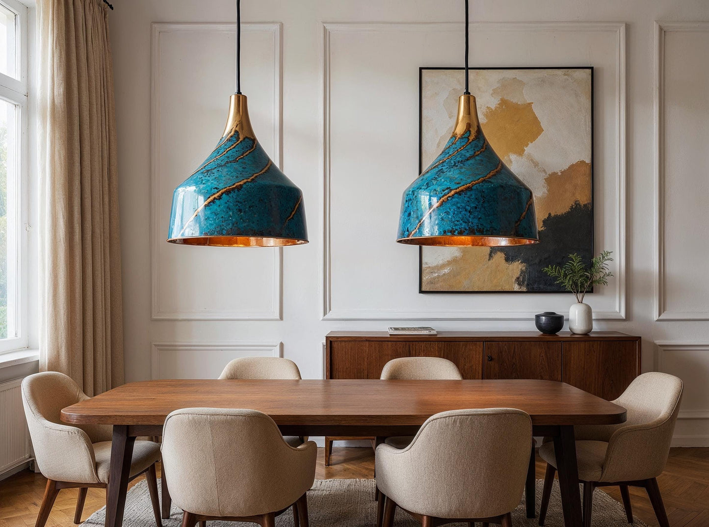 Handmade Blue Patina Brass Pendant Light - Moroccan Boho Lighting