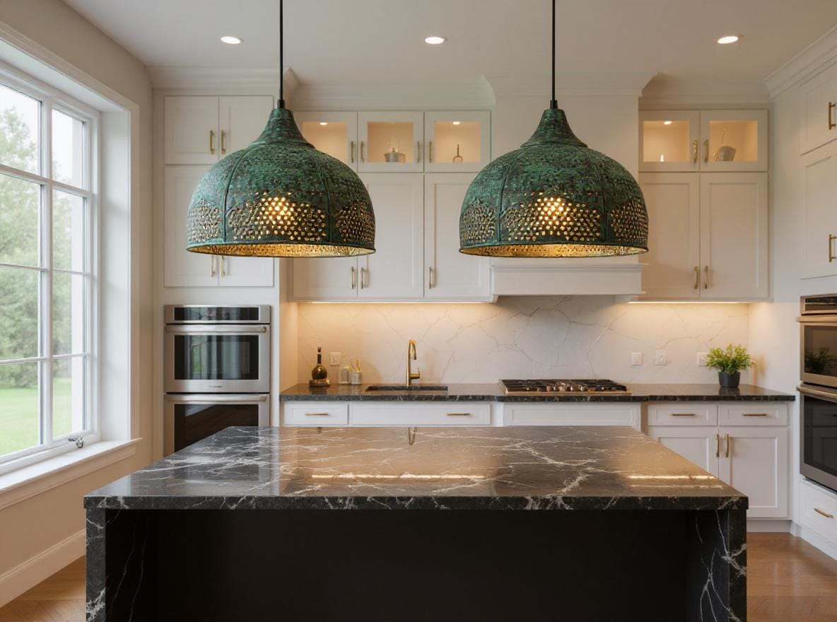 Handmade Moroccan Green Patina Brass Pendant Light - Pierced Dome