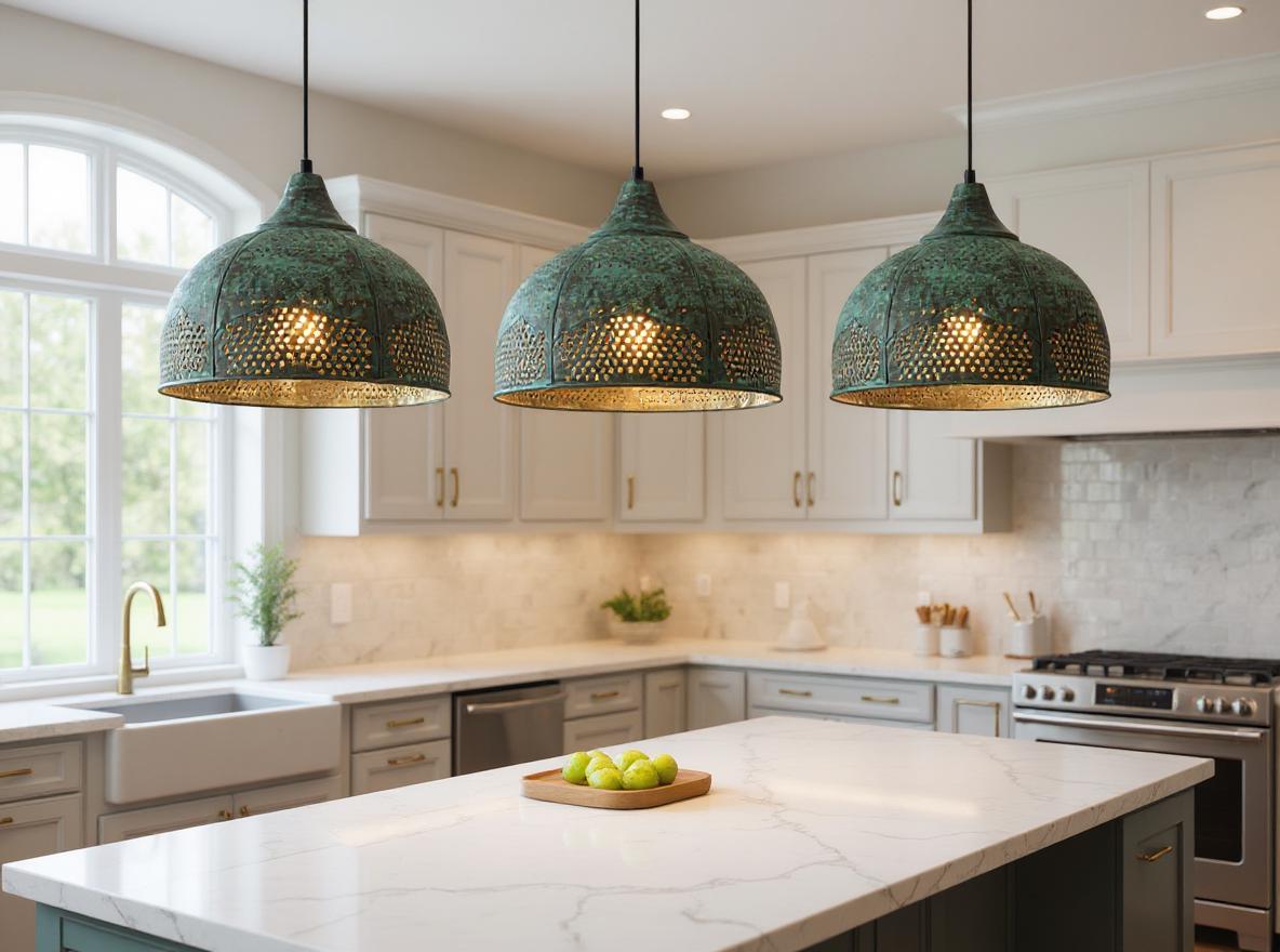 Handmade Moroccan Green Patina Brass Pendant Light - Pierced Dome