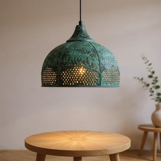 Handmade Moroccan Green Patina Brass Pendant Light - Pierced Dome