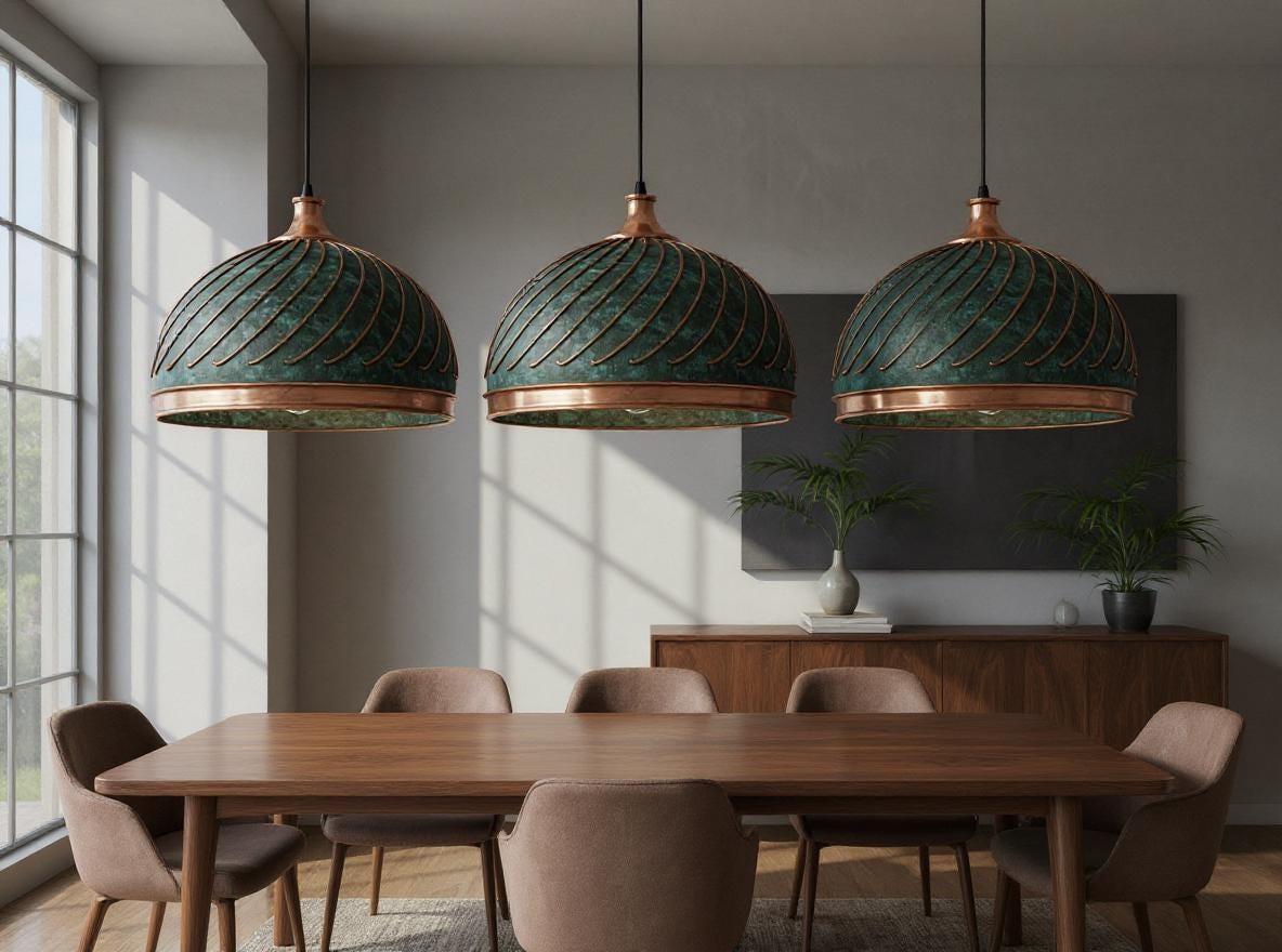 Handmade Moroccan Brass Pendant Light – Green Patina Copper Dome