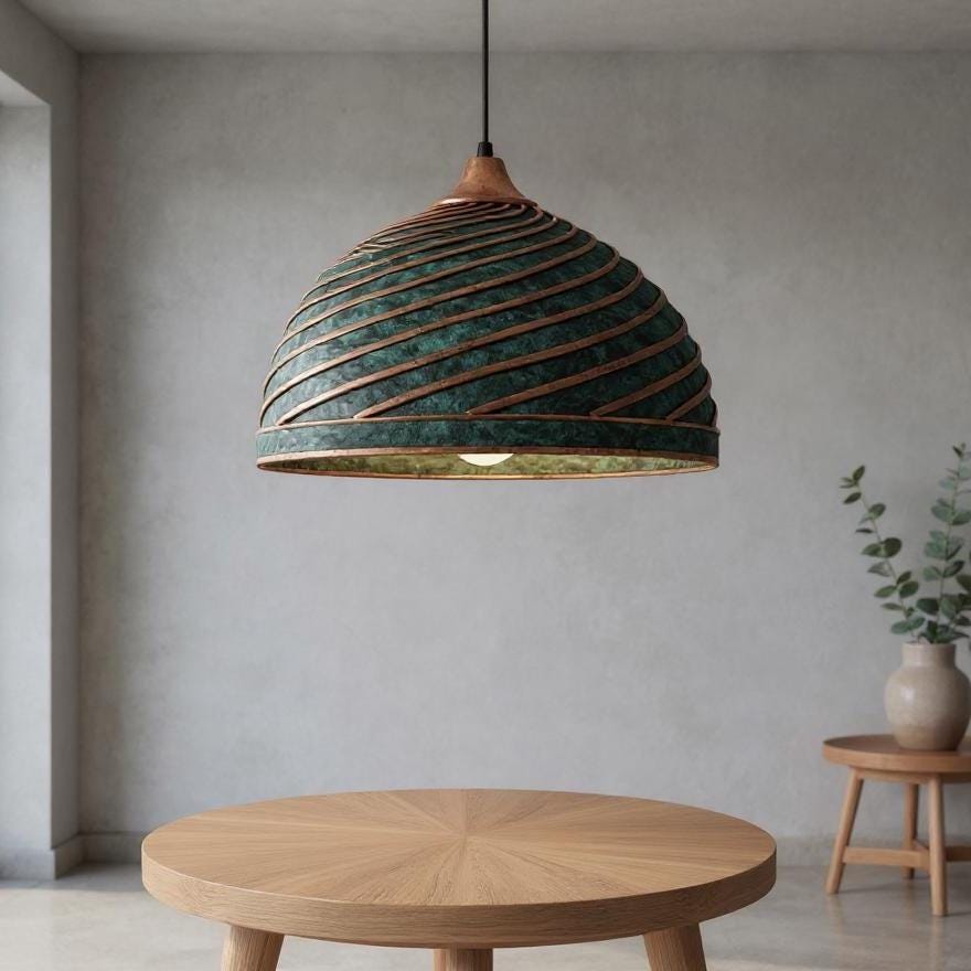 Handmade Green Patina Copper Pendant Light: Moroccan Boho Lighting