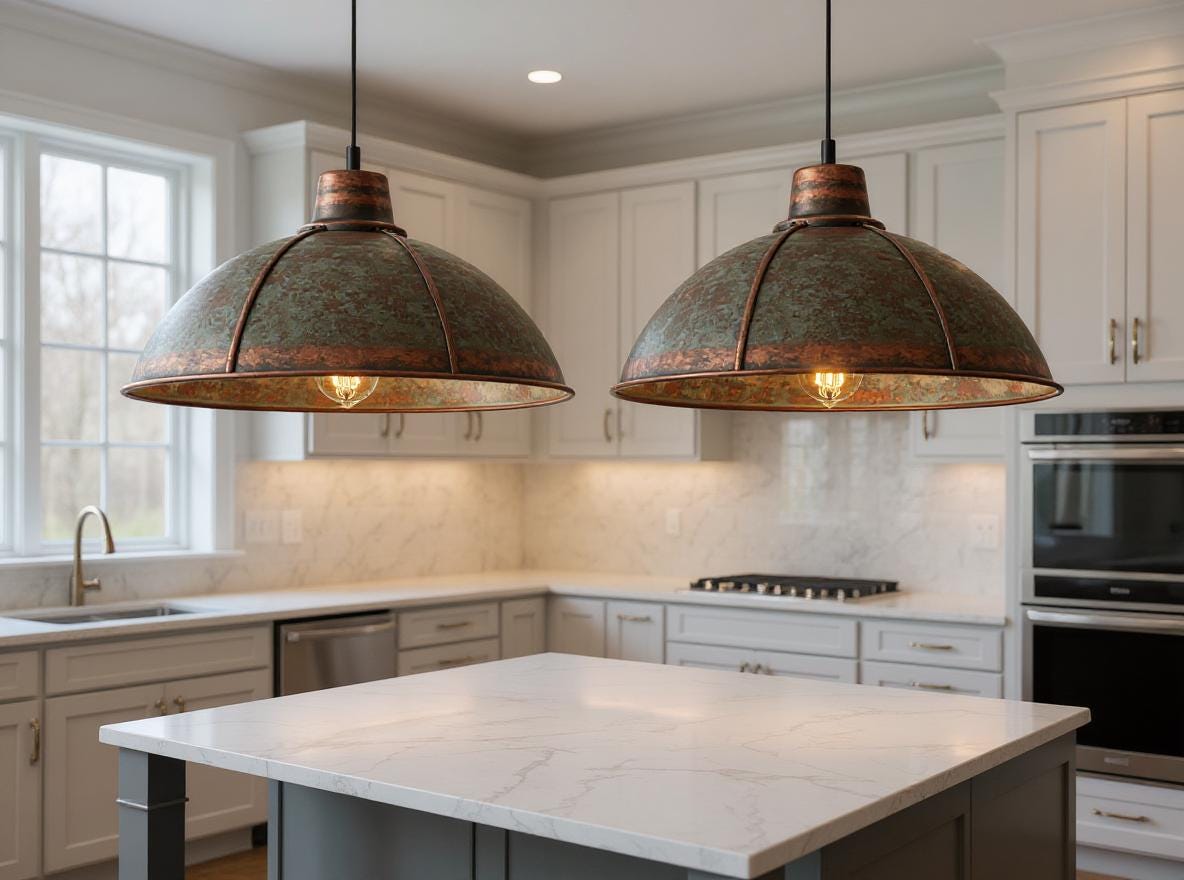 Handmade Copper Pendant Light: Rustic Green Patina Dome Lamp