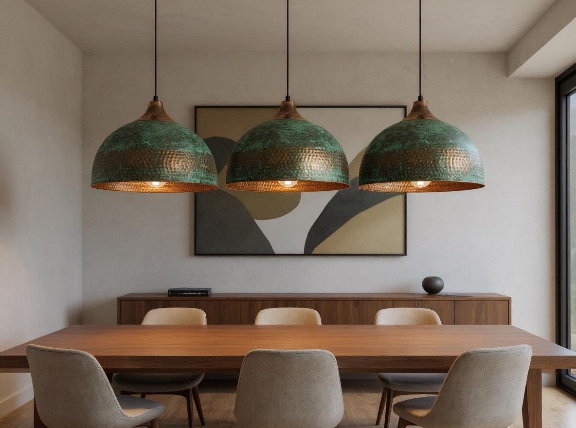 Handmade Copper Pendant Light: Green Patina Dome Chandelier