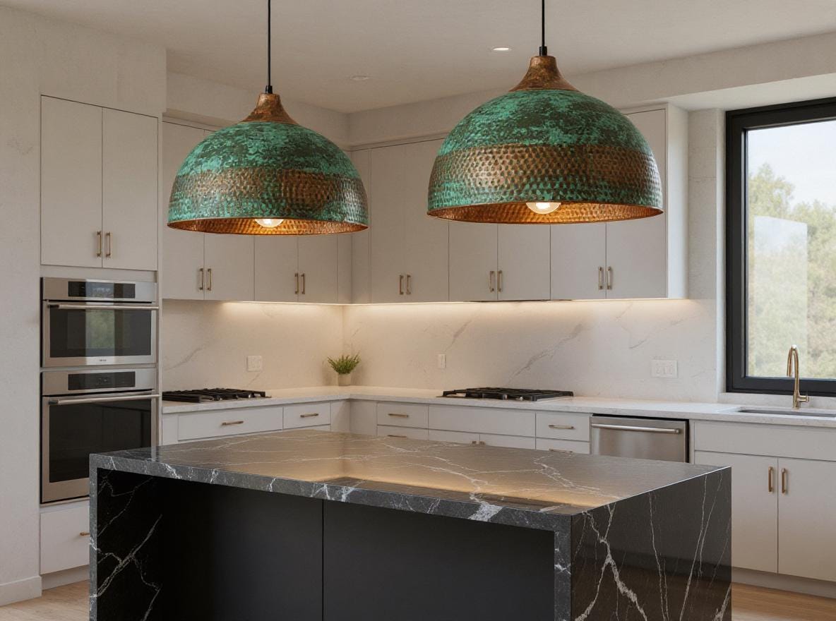 Handmade Copper Pendant Light: Green Patina Dome Chandelier