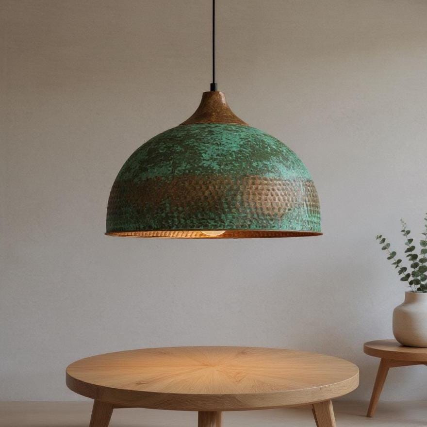 Handmade Copper Pendant Light: Green Patina Dome Chandelier