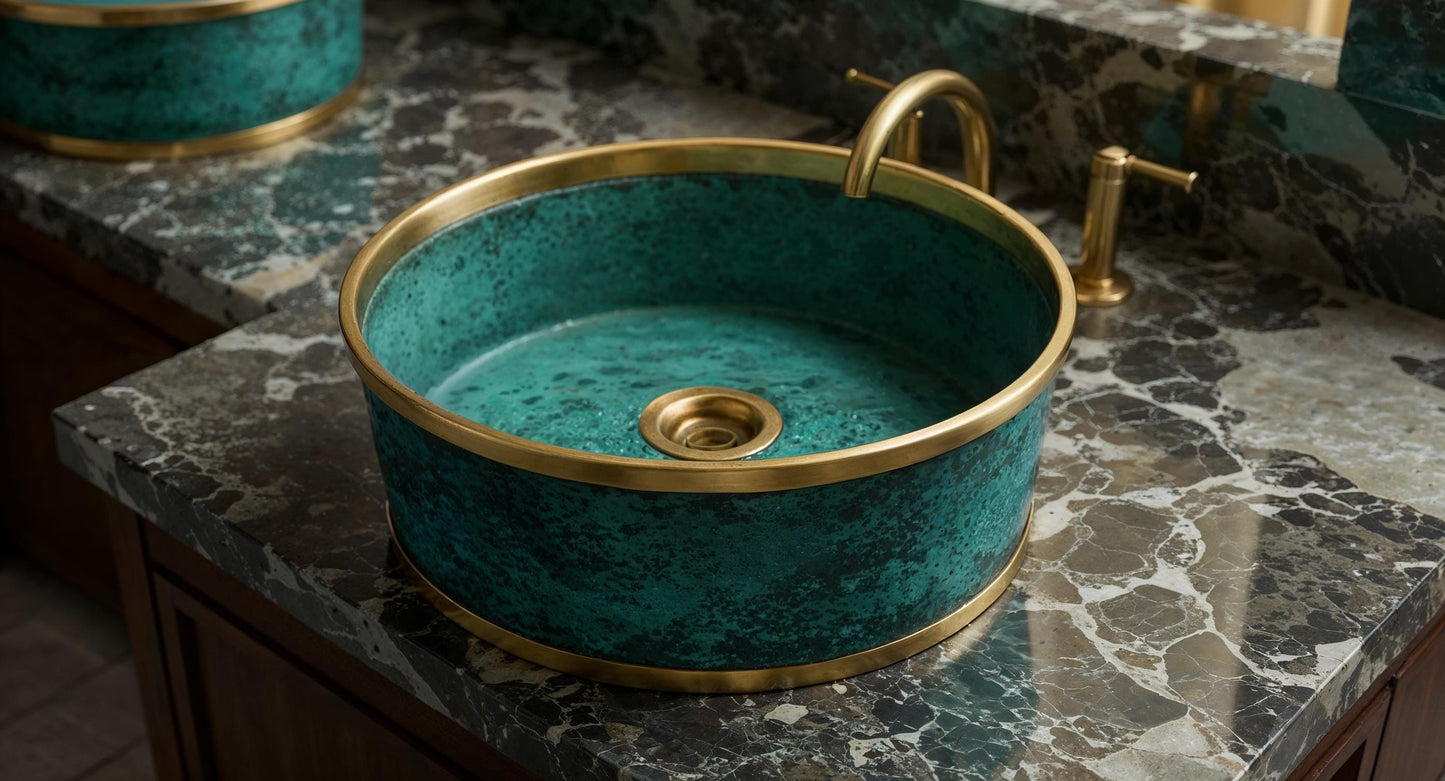 Handmade Moroccan Copper Vessel Sink: Green Patina Brass Bathroom Basin