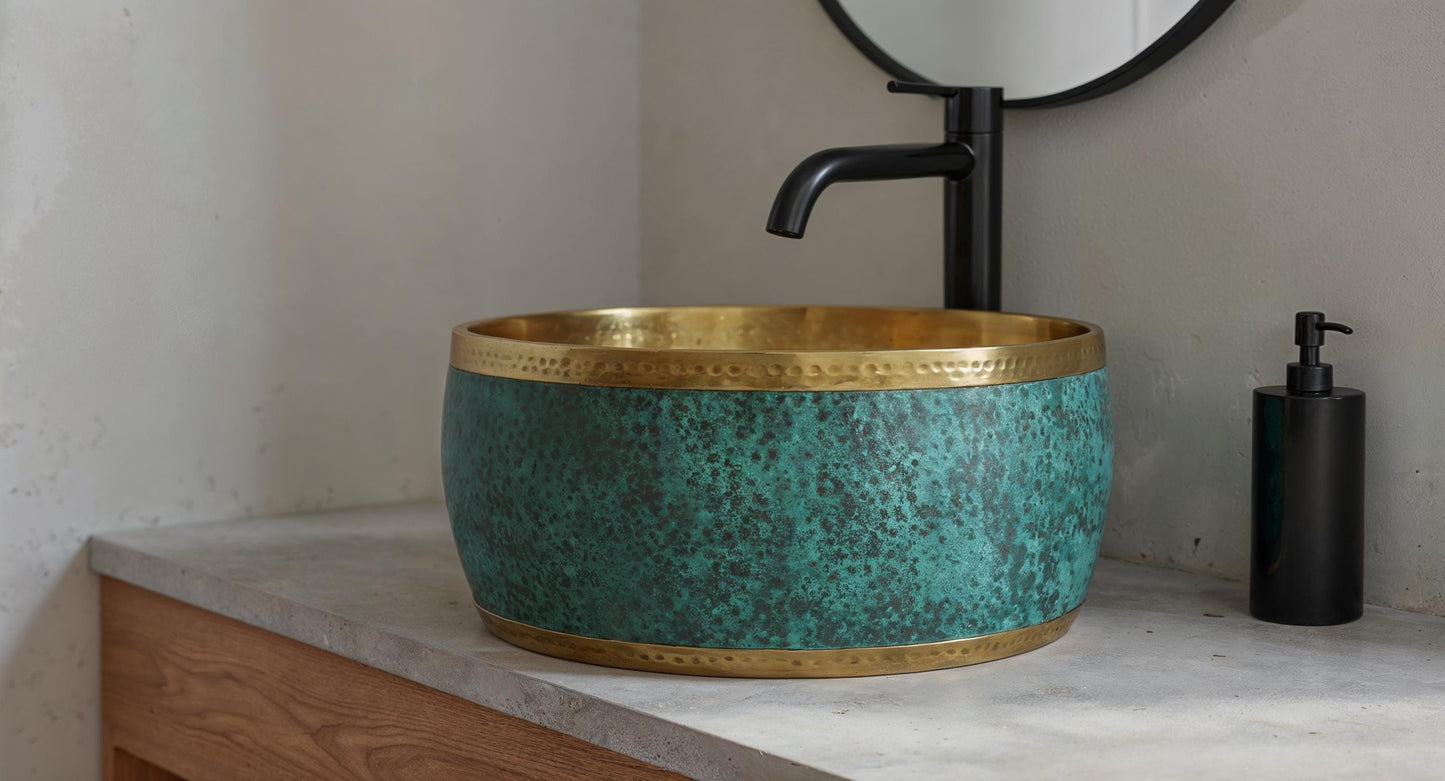 Hand Hammered Copper Vessel Sink: Rustic Green Patina, Moroccan Basin