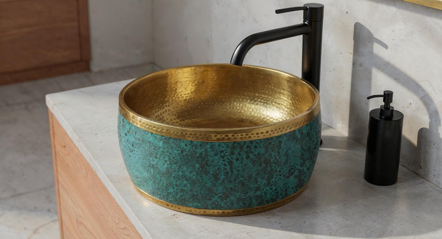 Hand Hammered Copper Vessel Sink: Rustic Green Patina, Moroccan Basin