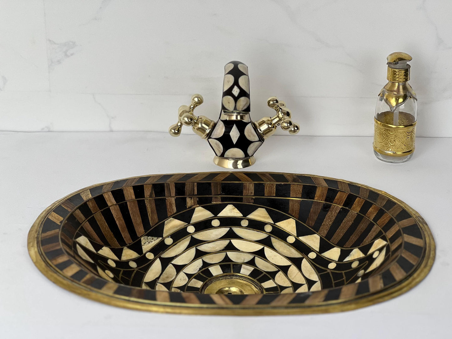 Handmade Resin Bathroom Sink with Brass Faucet: Moroccan Inlay Oval Vanity