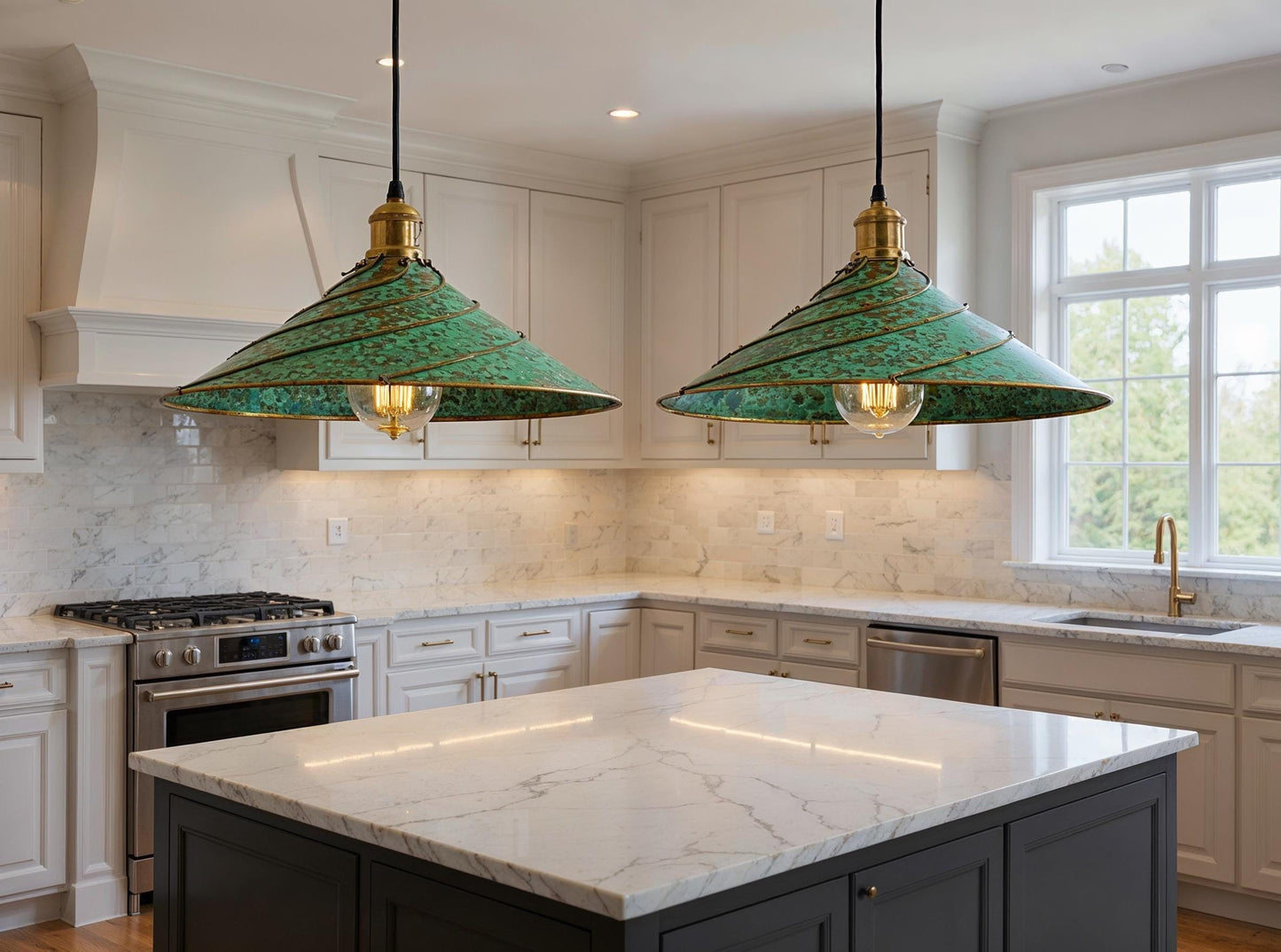 Handmade Moroccan Brass Pendant Light: Green Patina Dome