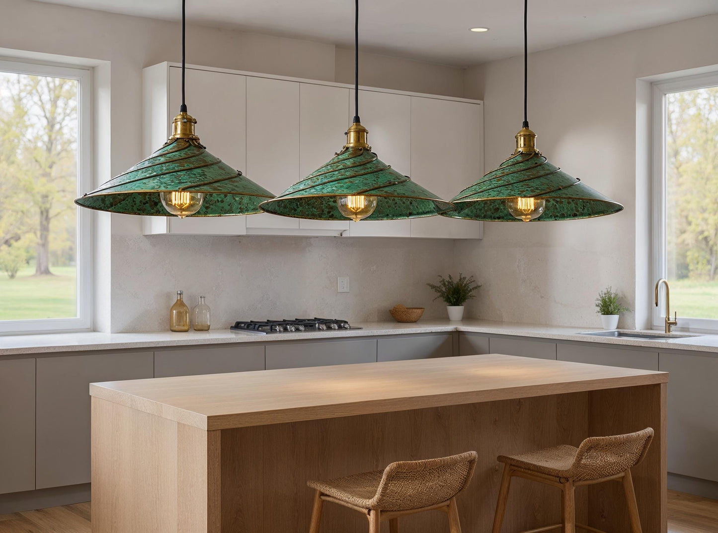 Handmade Moroccan Brass Pendant Light: Green Patina Dome