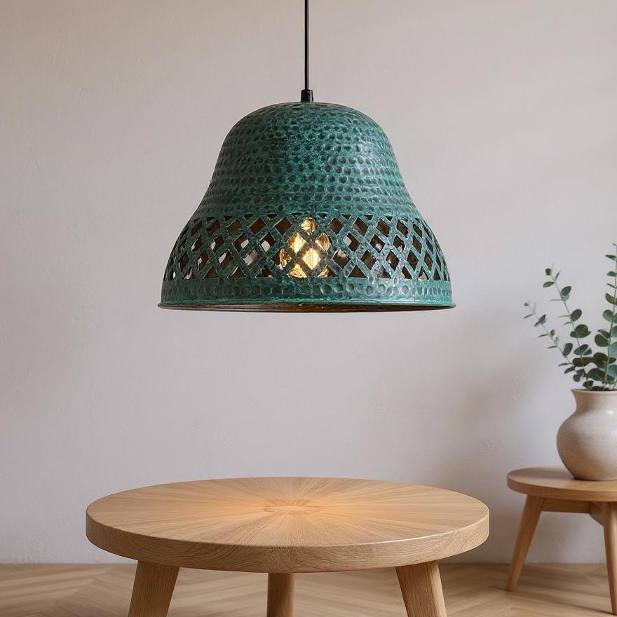 Handmade Green Patina Copper Pendant Light – Moroccan Bell Lamp