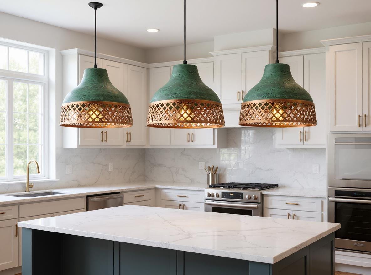 Handmade Moroccan Brass Pendant Light: Green Patina Lattice Dome