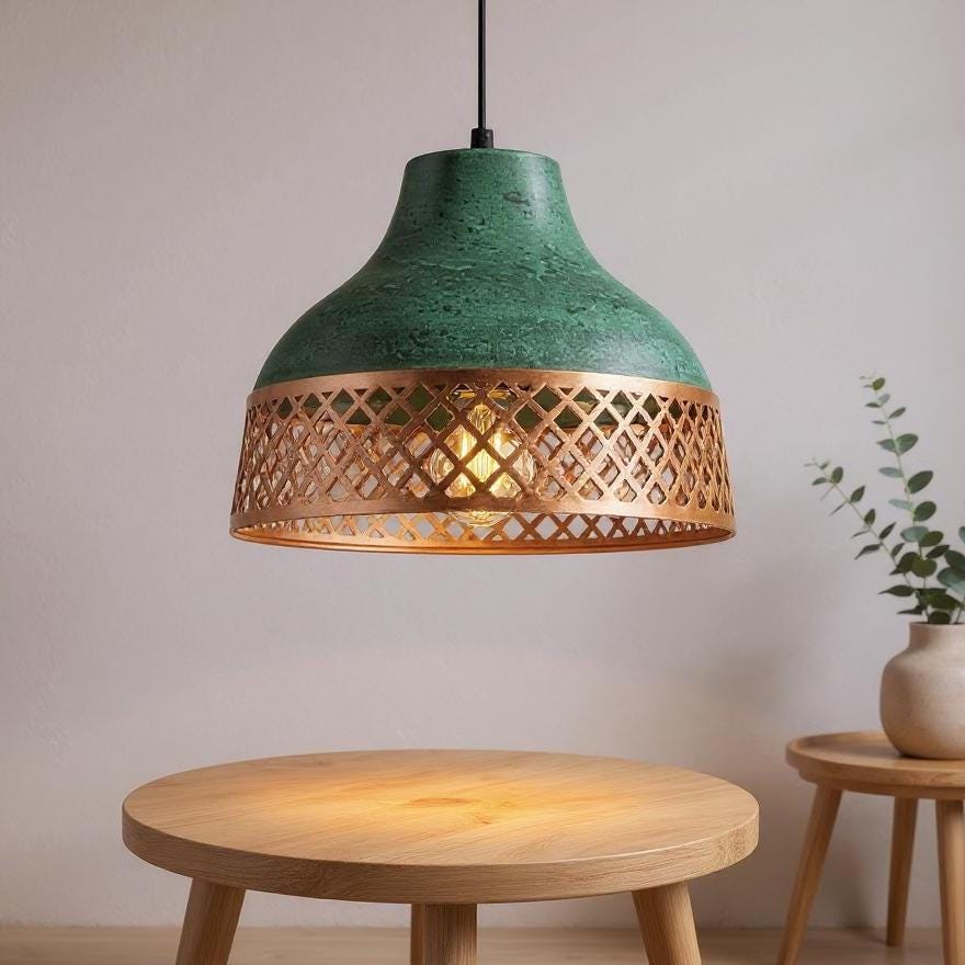 Handmade Moroccan Brass Pendant Light: Green Patina Lattice Dome