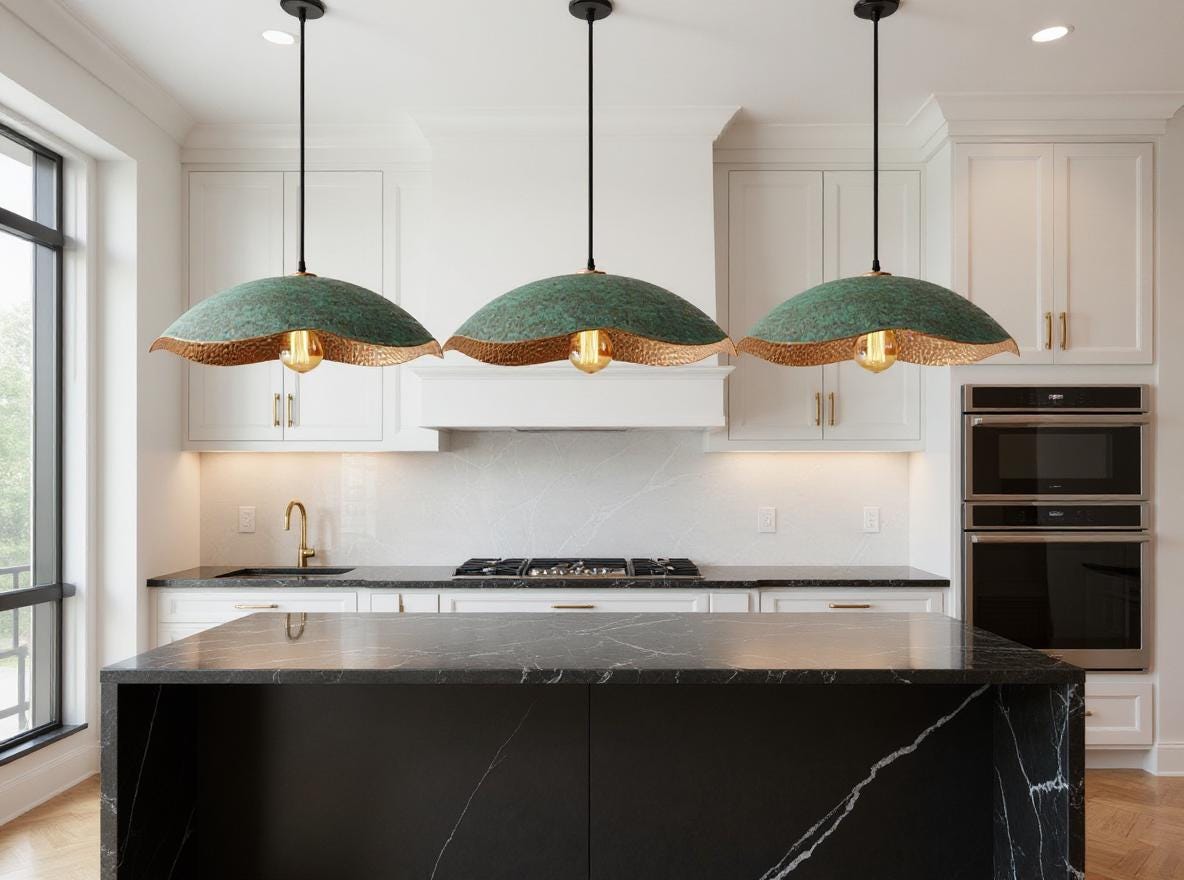 Handcrafted Green Patina Copper Pendant Light - Moroccan Wavy Dome Lamp