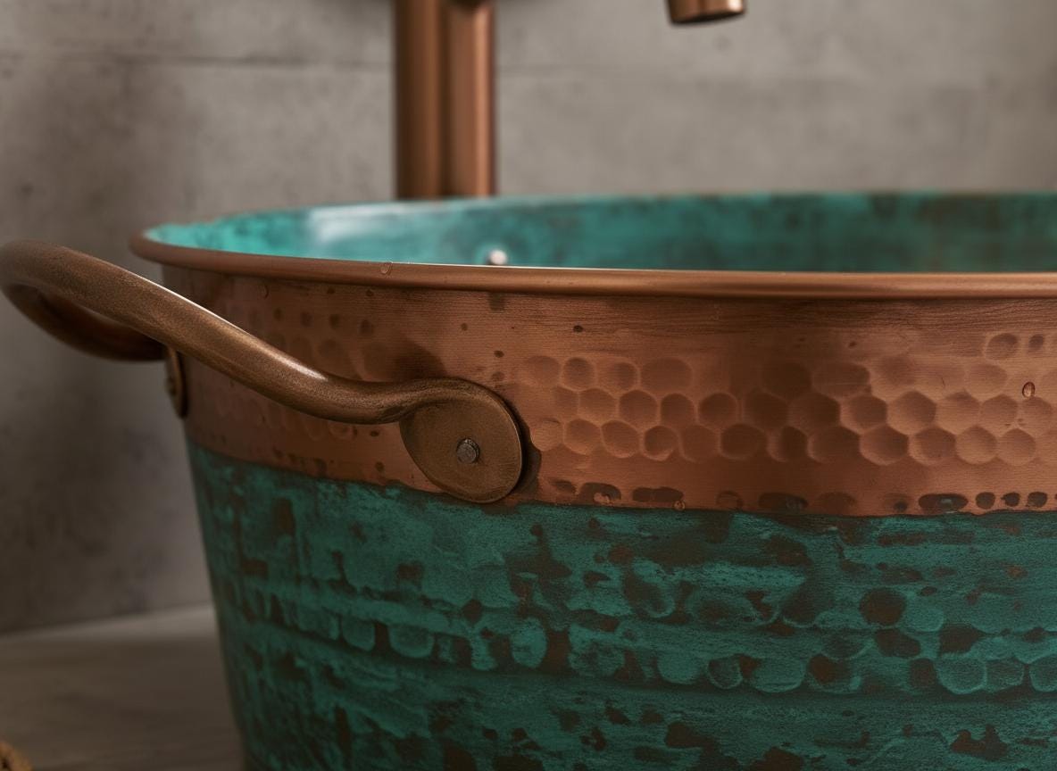 Handcrafted Copper Sink: Green Patina Moroccan Hammered Vessel Basin
