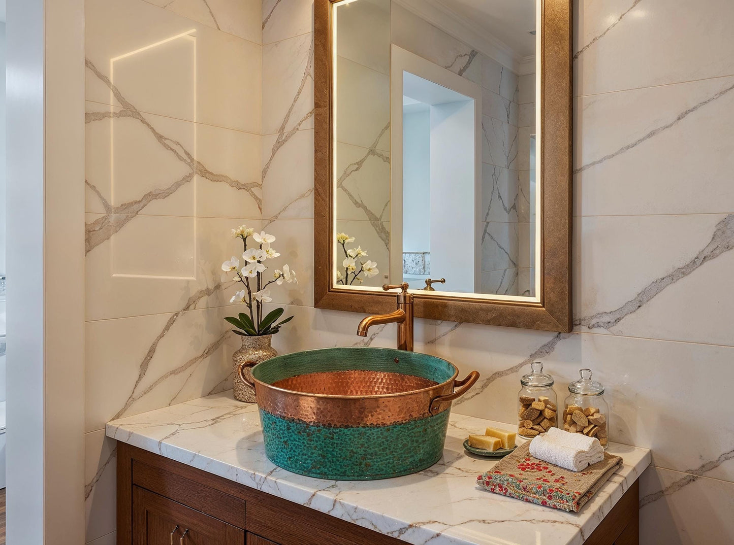 Handcrafted Copper Sink: Green Patina Moroccan Hammered Vessel Basin