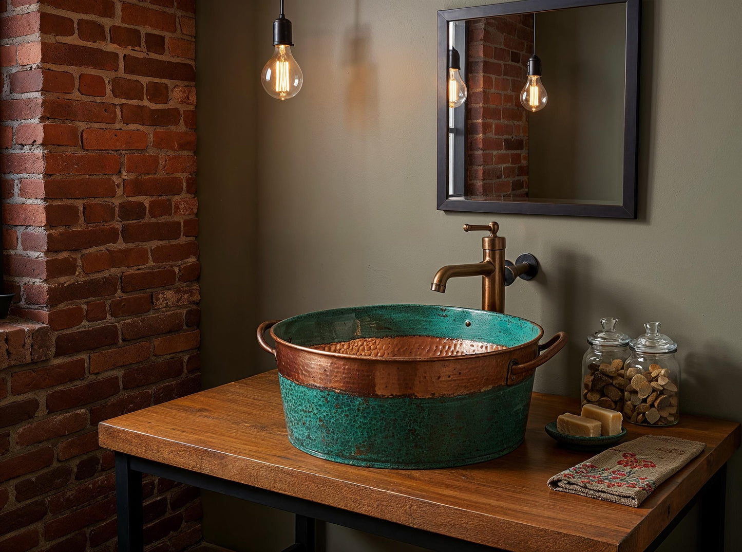 Handcrafted Copper Sink: Green Patina Moroccan Hammered Vessel Basin
