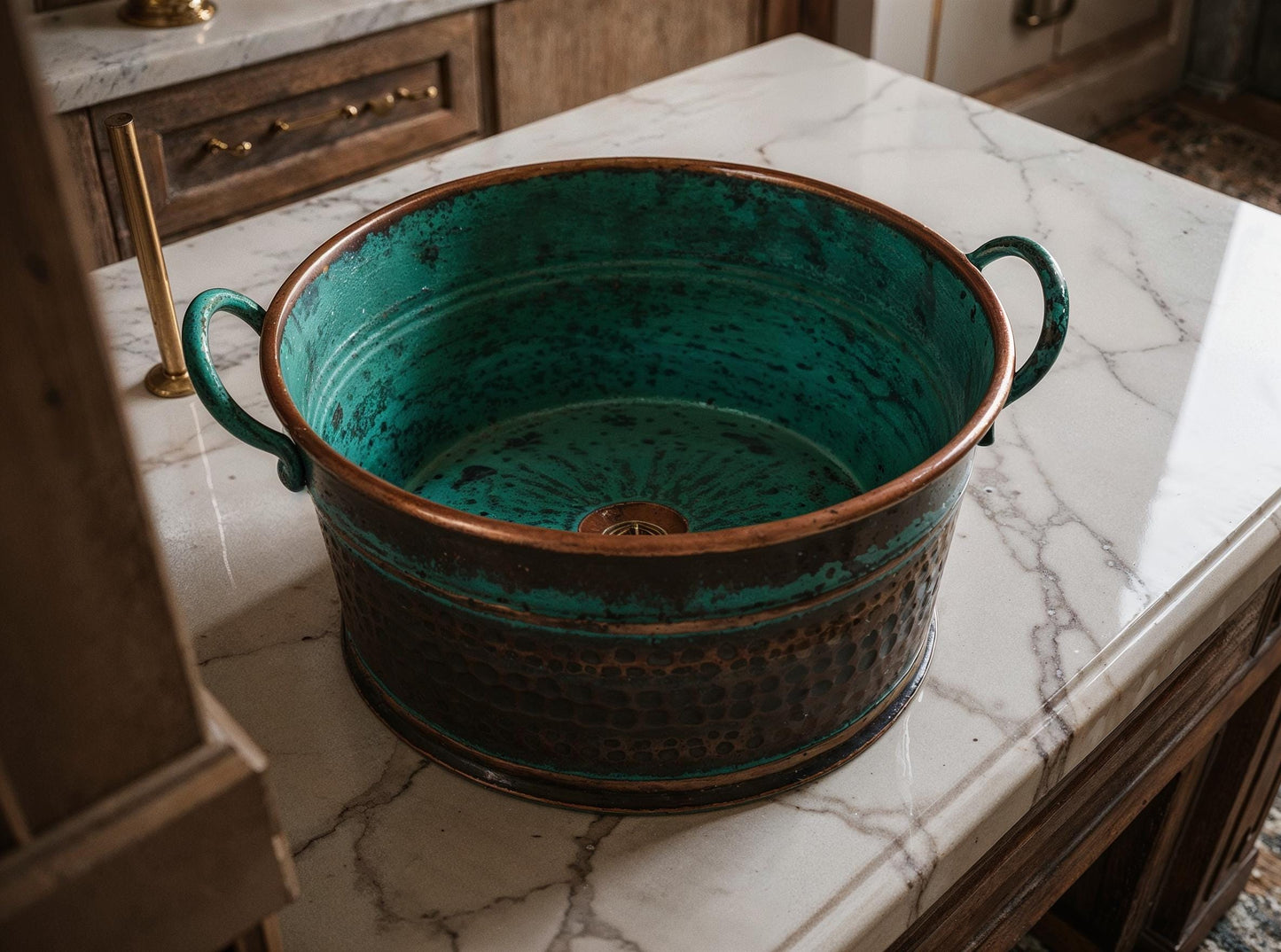 Handmade Copper Vessel Sink: Green Patina Hammered Moroccan Basin