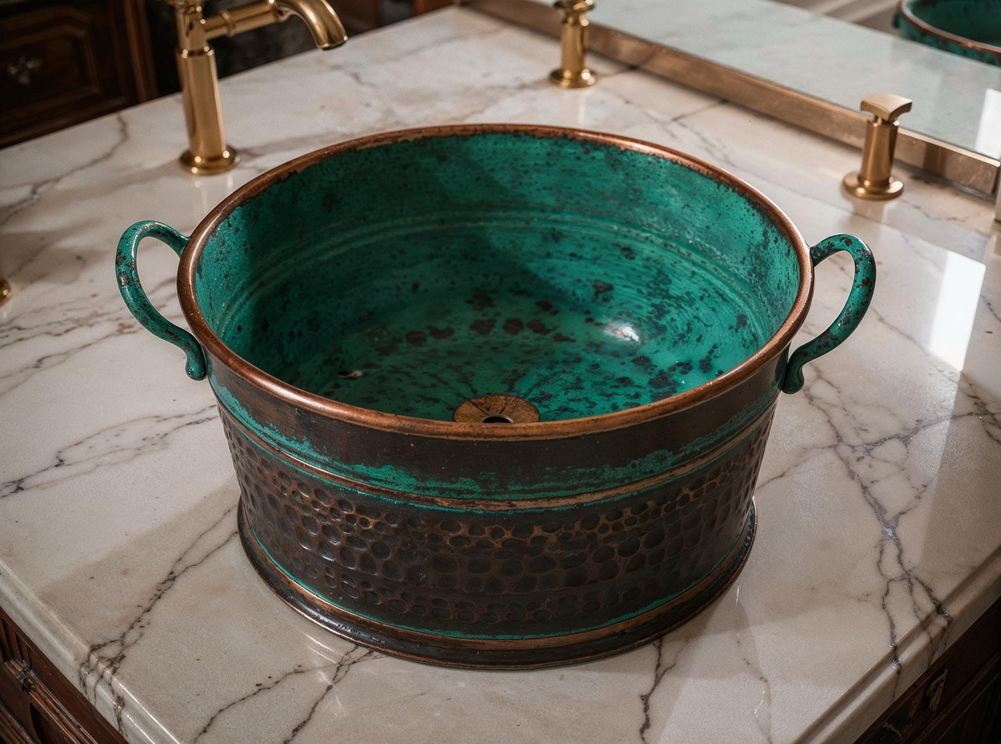 Handmade Copper Vessel Sink: Green Patina Hammered Moroccan Basin