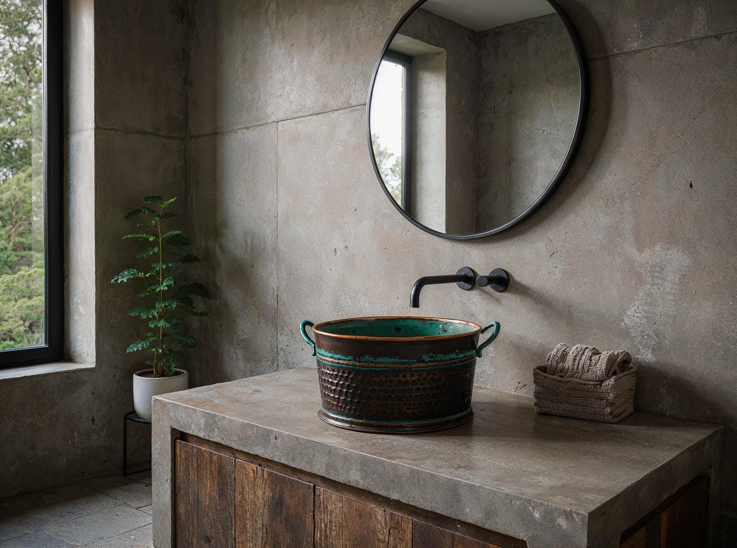 Handmade Copper Vessel Sink: Green Patina Hammered Moroccan Basin