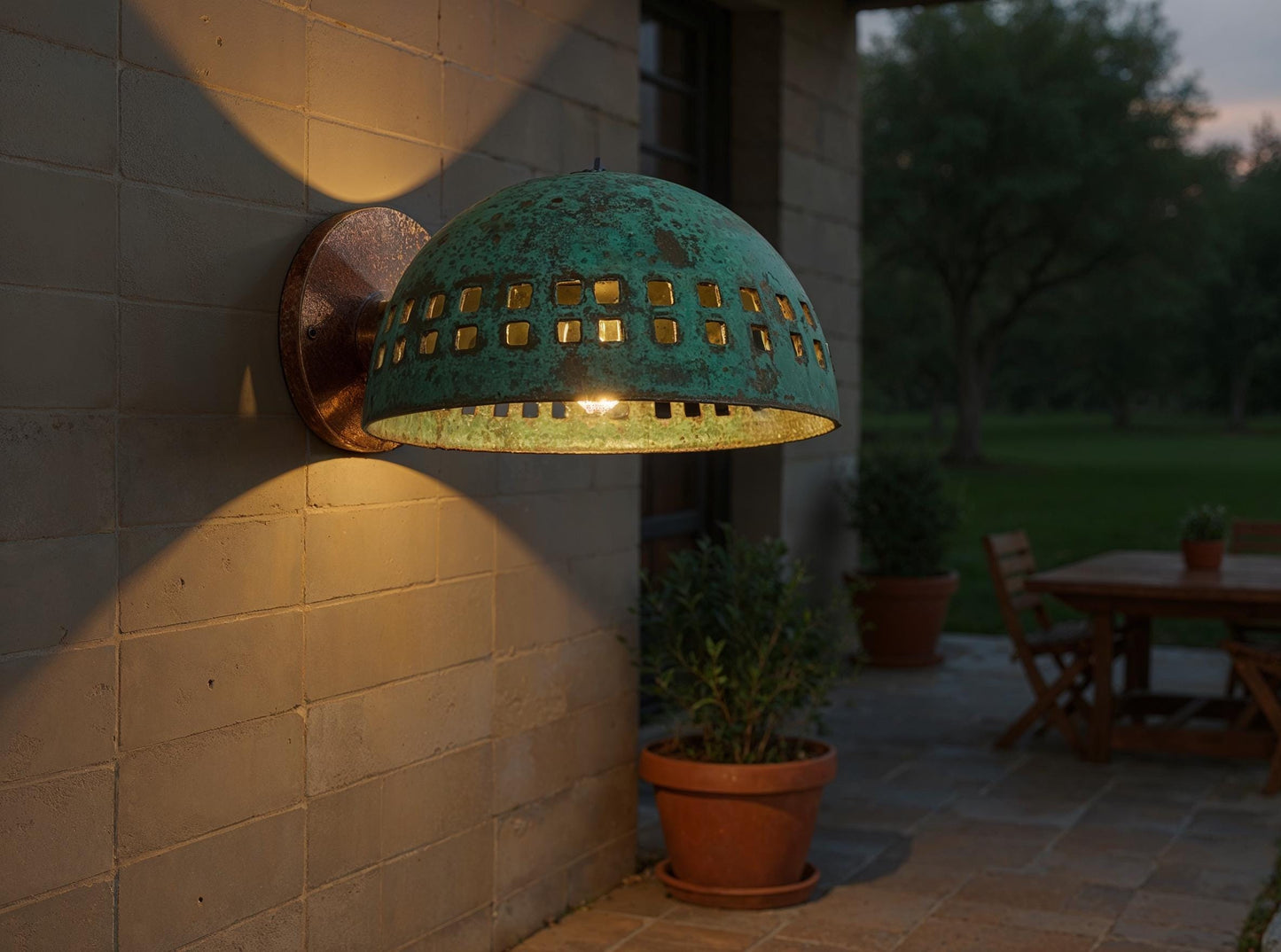 Handmade Moroccan Copper Wall Sconce – Turquoise Patina, Geometric Cutouts