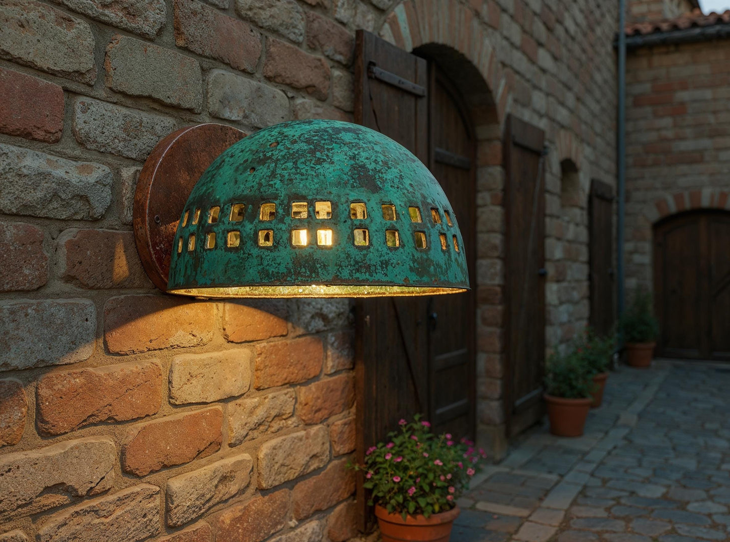 Handmade Moroccan Copper Wall Sconce – Turquoise Patina, Geometric Cutouts