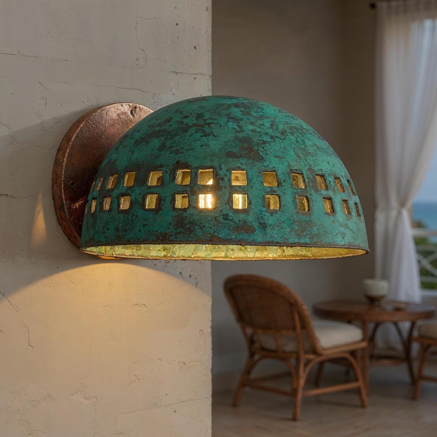 Handmade Moroccan Copper Wall Sconce – Turquoise Patina, Geometric Cutouts