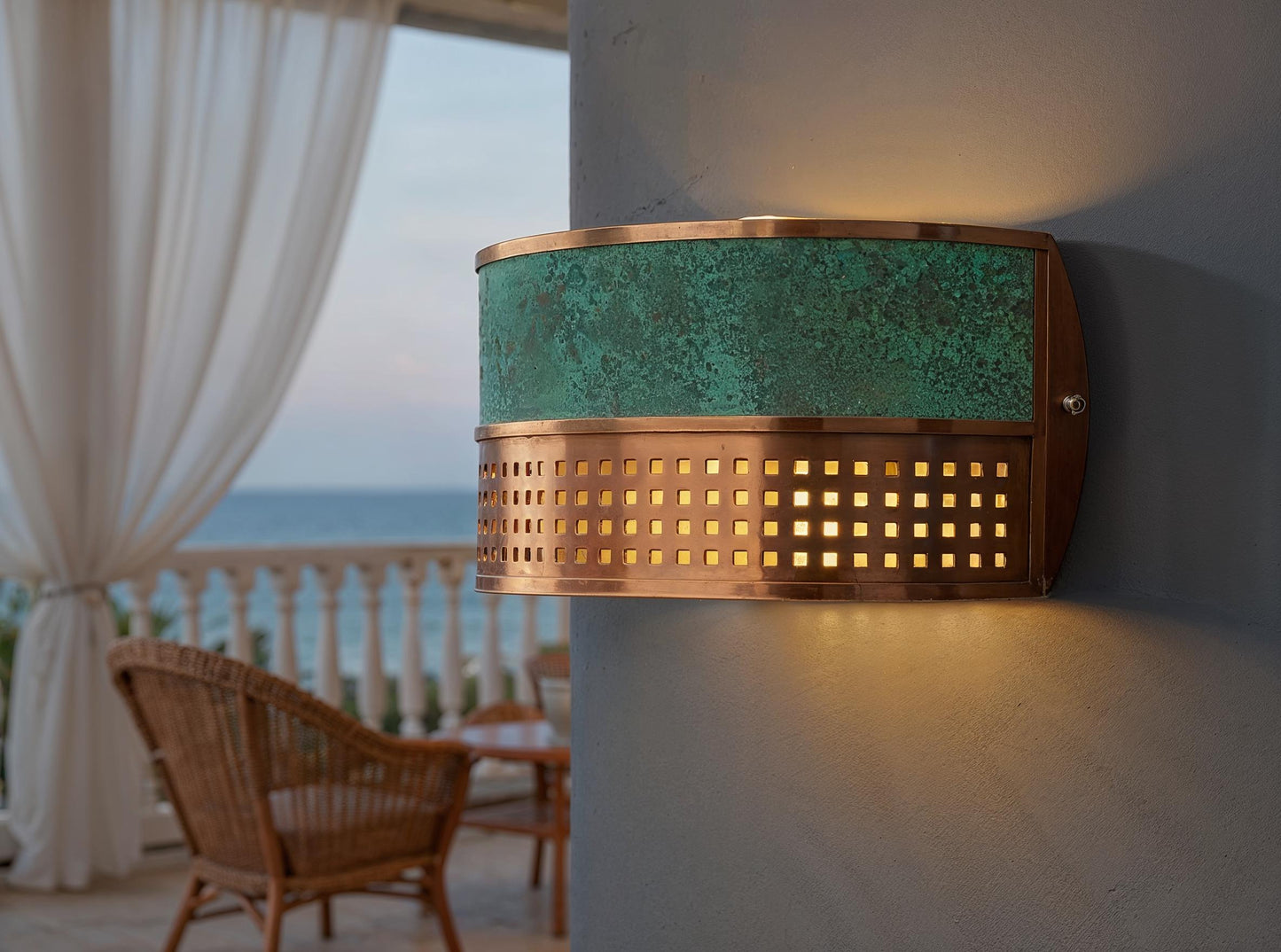 Handmade Copper Wall Sconce: Turquoise Patina Geometric Light