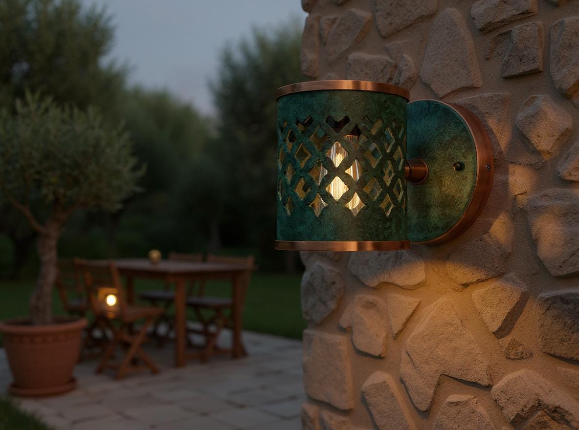 Handmade Patina Brass Wall Sconce: Moroccan Lattice Light