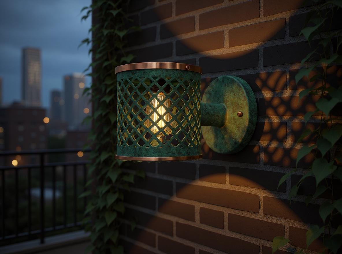 Handmade Moroccan Brass Wall Sconce: Green Patina Lattice Outdoor Light