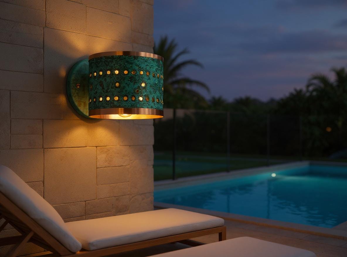 Handmade Moroccan Brass Wall Sconce: Green Patina Lattice Light