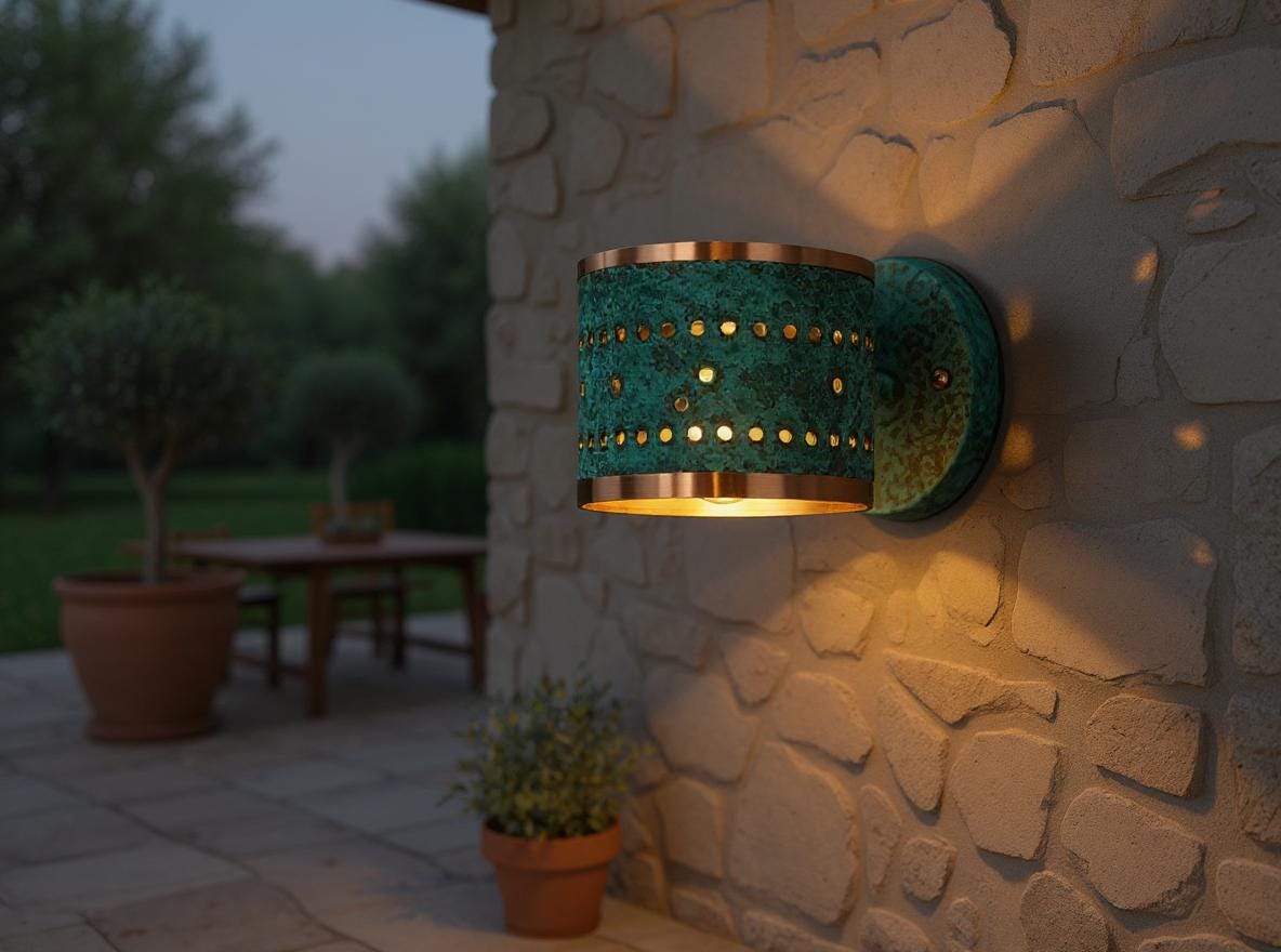 Handmade Moroccan Brass Wall Sconce: Green Patina Lattice Light