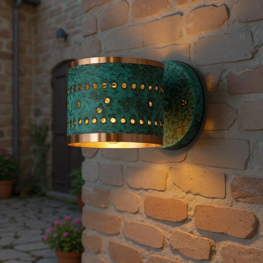Handmade Moroccan Brass Wall Sconce: Green Patina Lattice Light