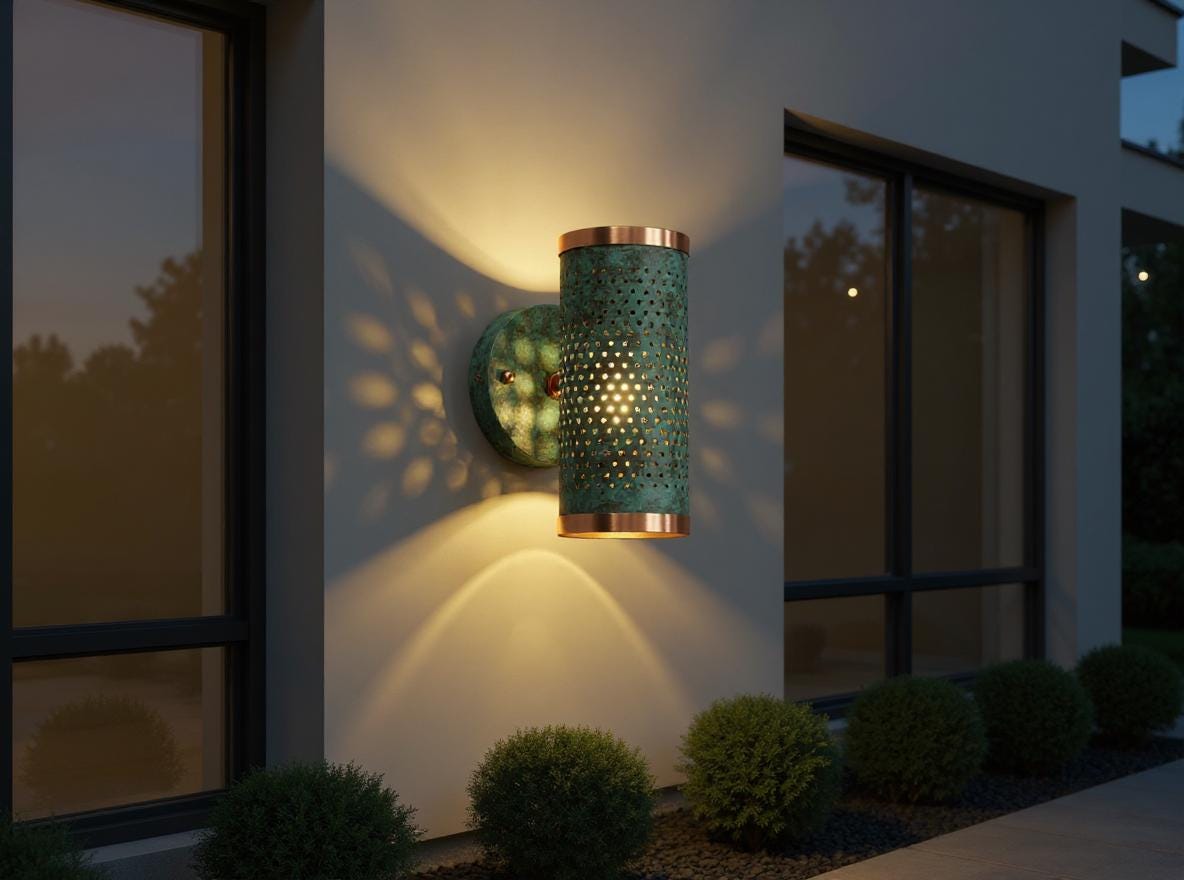 Handmade Patina Brass Wall Sconce: Moroccan Perforated Lamp