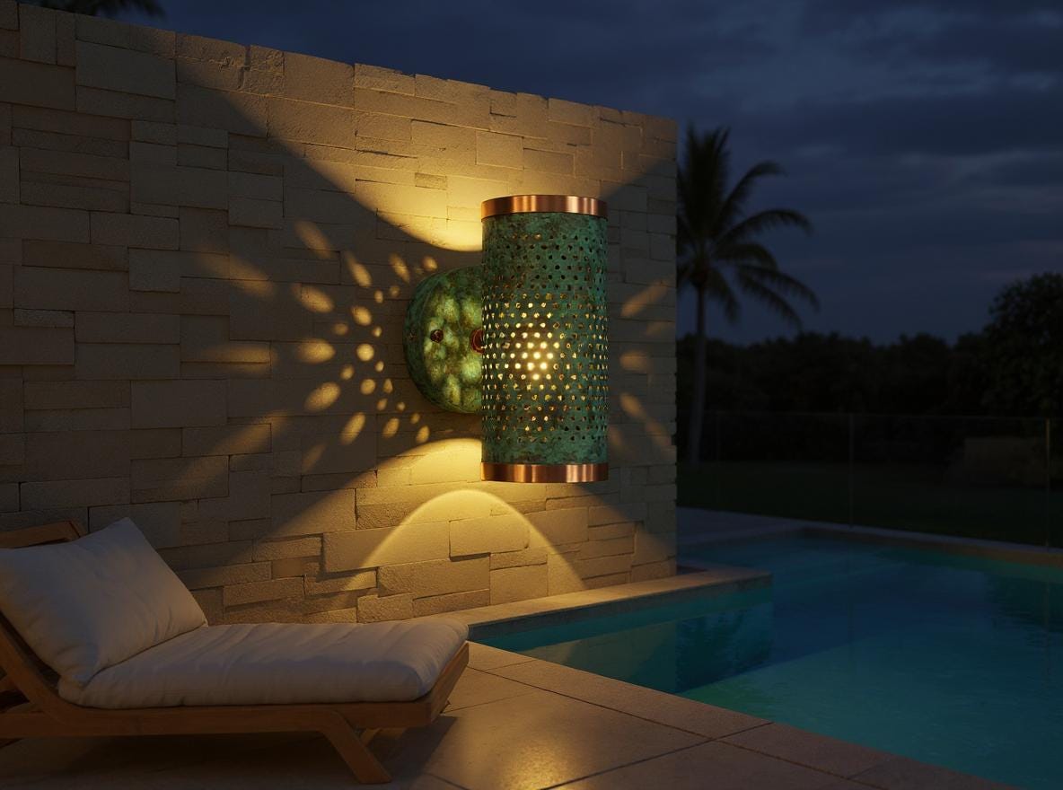 Handmade Patina Brass Wall Sconce: Moroccan Perforated Lamp