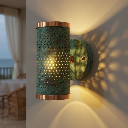Handmade Patina Brass Wall Sconce: Moroccan Perforated Lamp