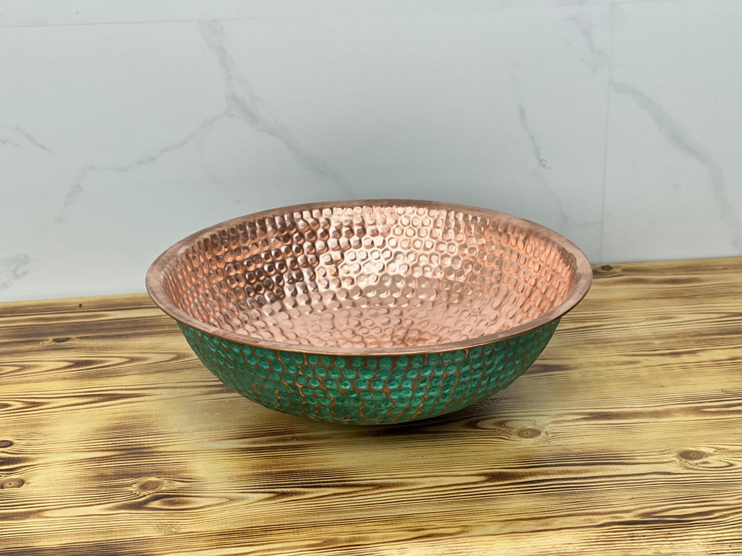 Handmade Hammered Copper Vessel Sink: Green Patina Moroccan Decor