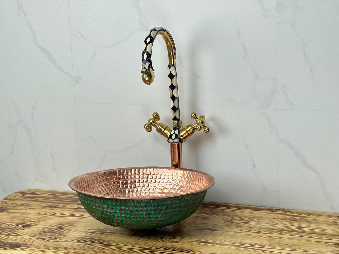 Handmade Hammered Copper Vessel Sink: Green Patina Moroccan Decor