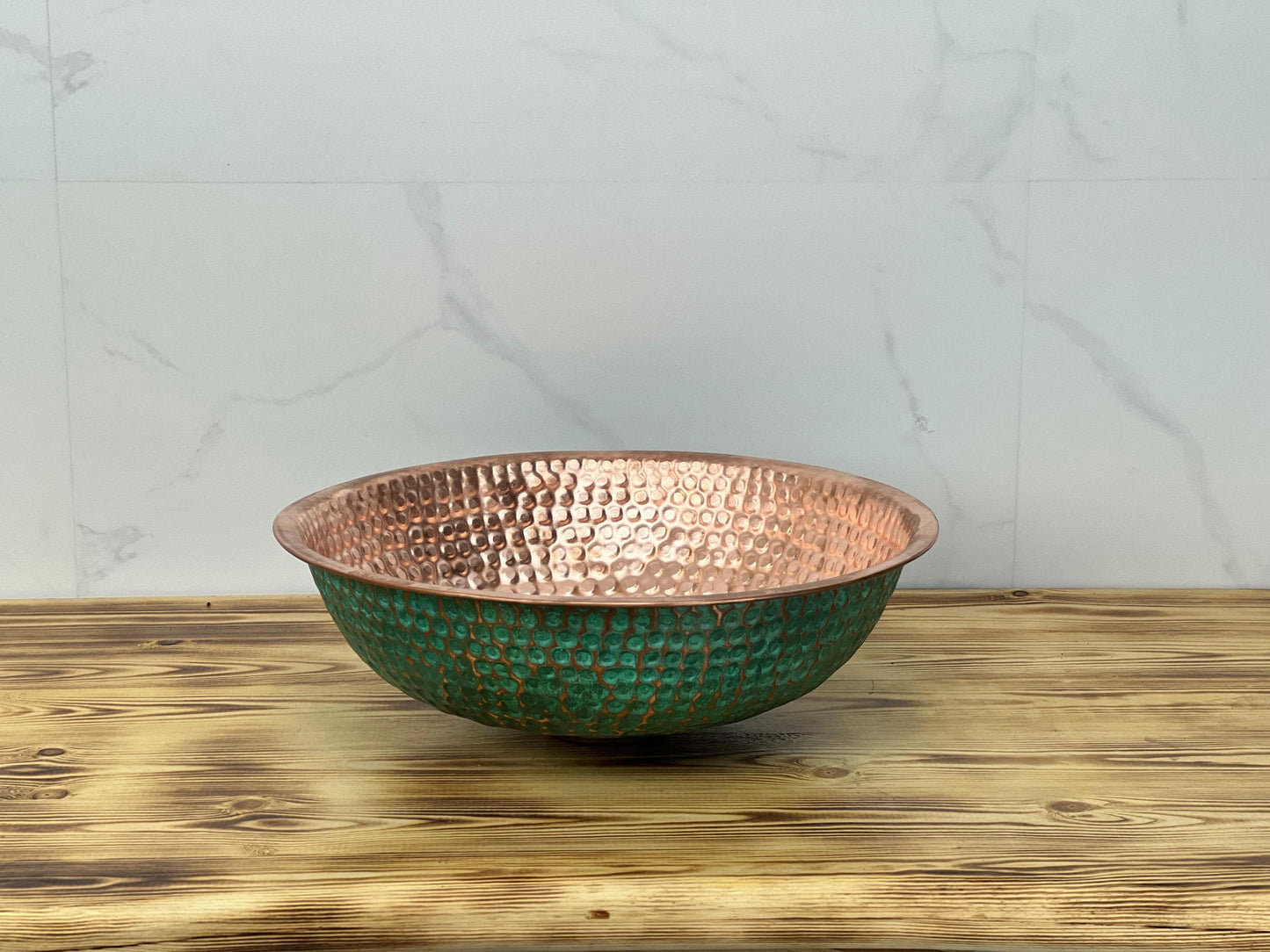 Handmade Hammered Copper Vessel Sink: Green Patina Moroccan Decor