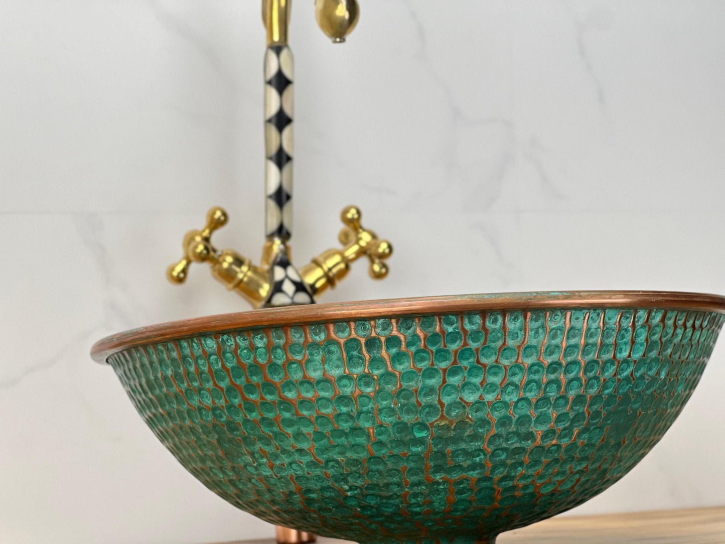 Handmade Hammered Copper Vessel Sink: Turquoise Green Patina, Moroccan Decor