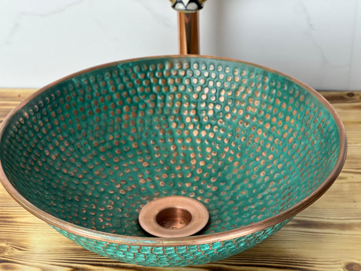 Handmade Hammered Copper Vessel Sink: Turquoise Green Patina, Moroccan Decor