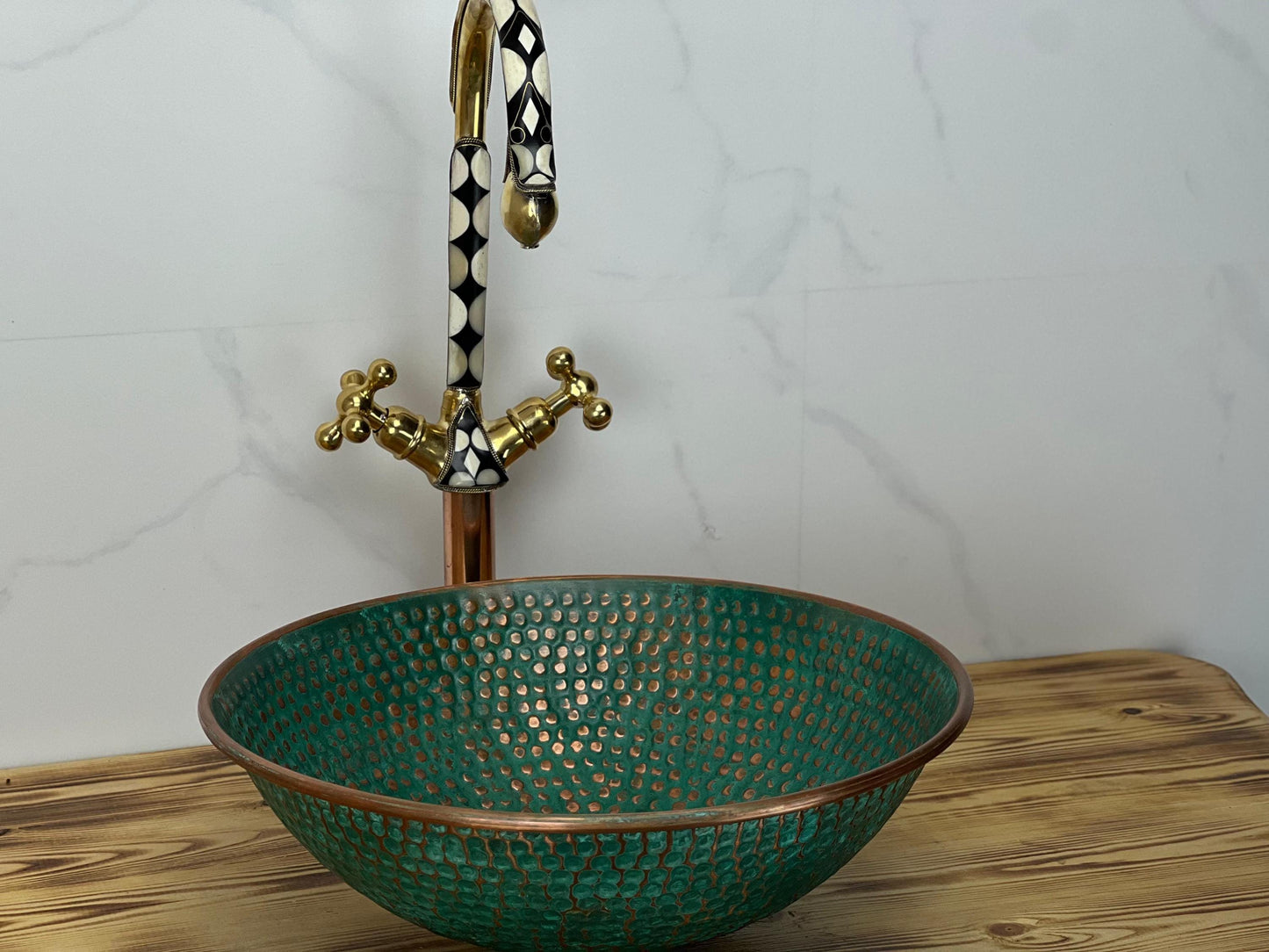 Handmade Hammered Copper Vessel Sink: Turquoise Green Patina, Moroccan Decor