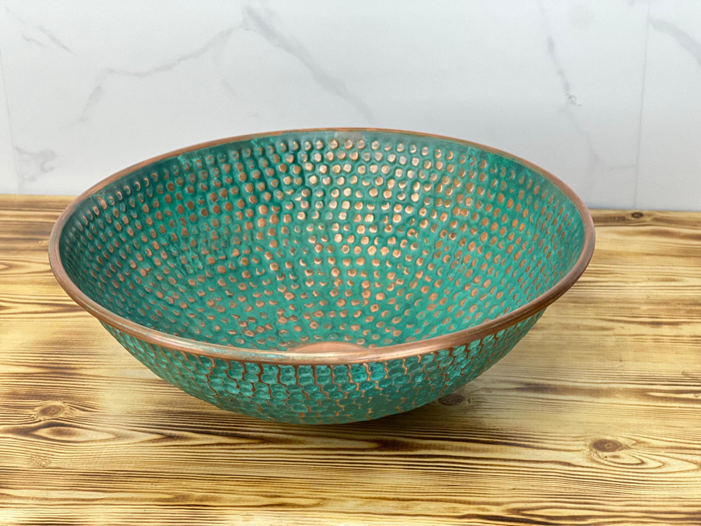 Handmade Hammered Copper Vessel Sink: Turquoise Green Patina, Moroccan Decor