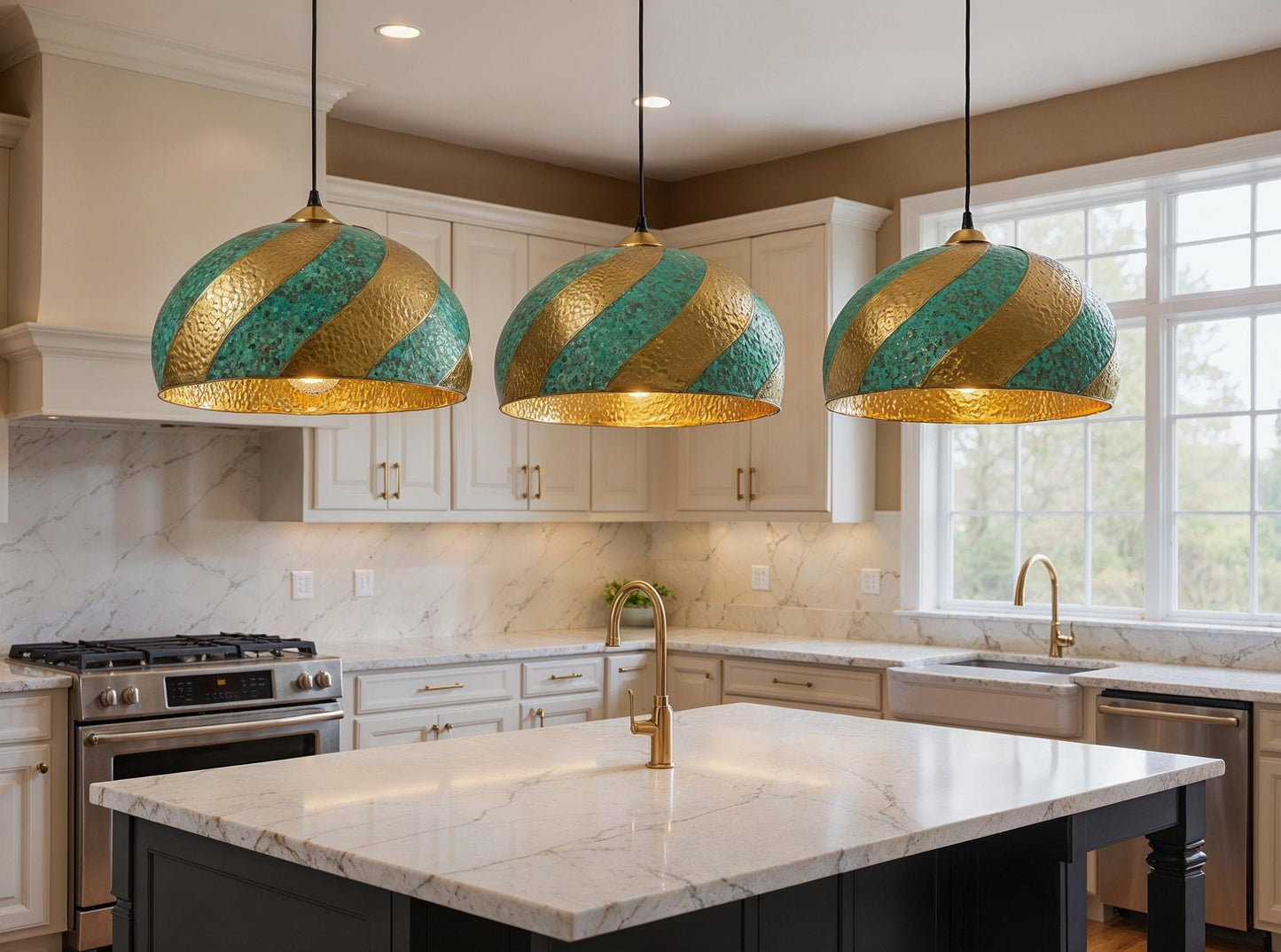 Handmade Moroccan Brass Pendant Light: Green Patina Dome Lamp