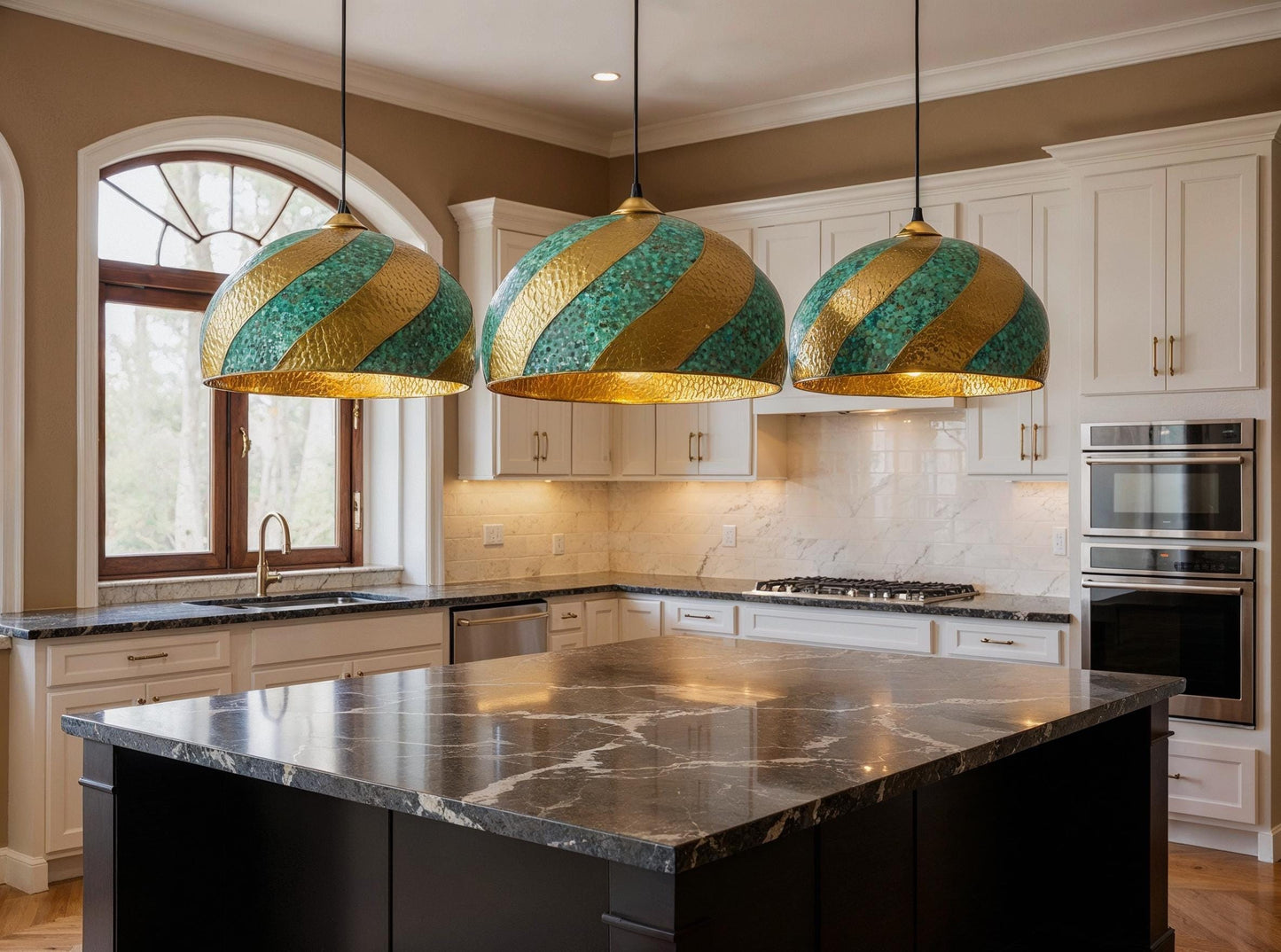 Handmade Moroccan Brass Pendant Light: Green Patina Dome Lamp