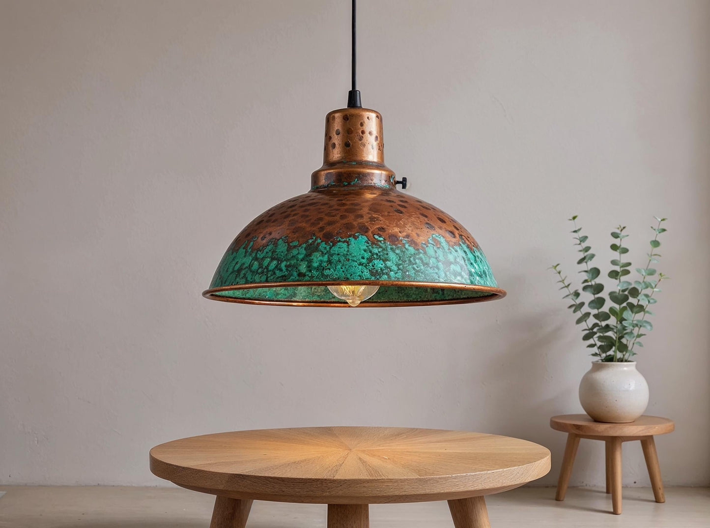 Handmade Copper Pendant Light: Green Patina, Golden Interior, Moroccan Chandelier