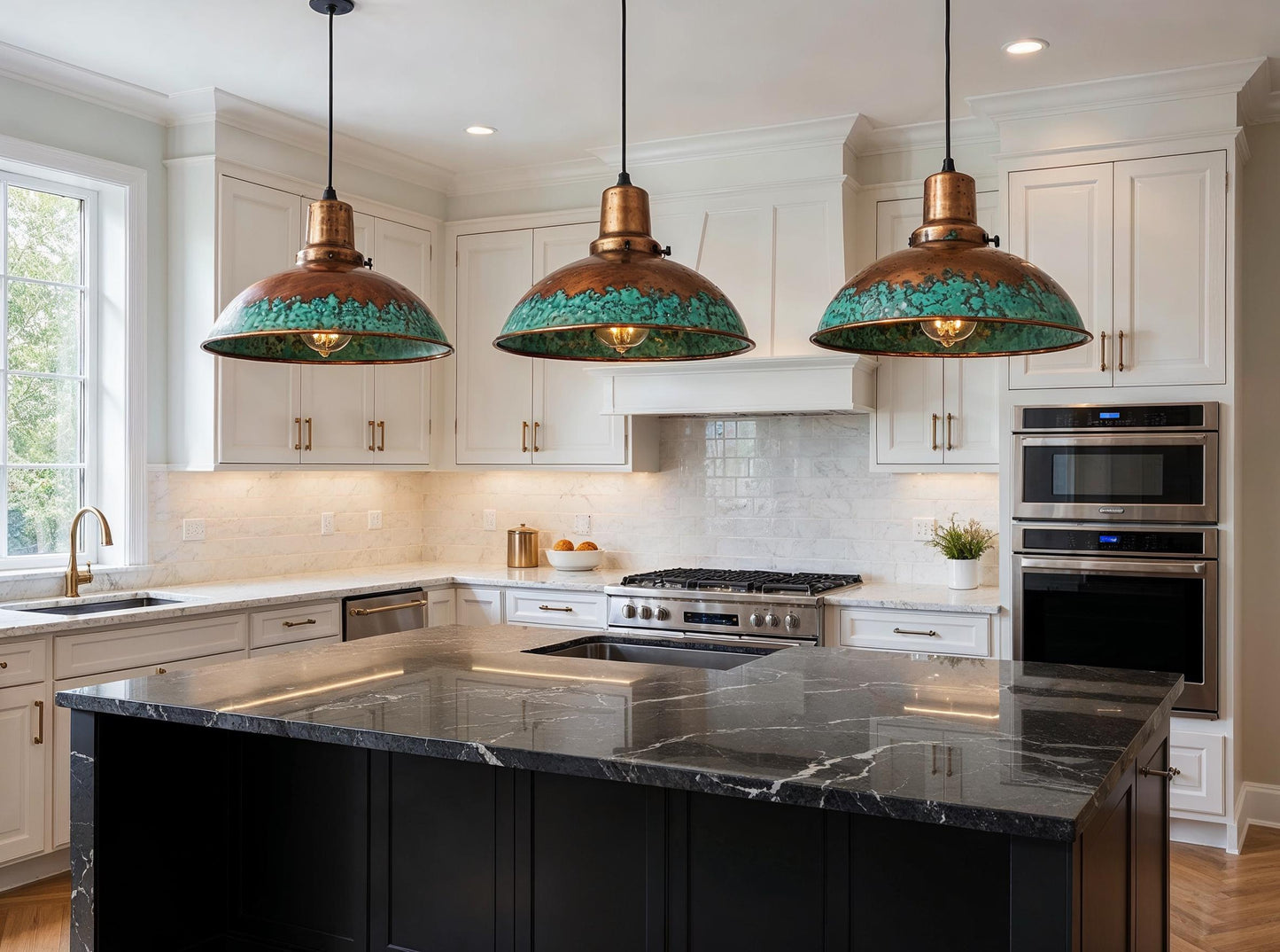 Handmade Copper Pendant Light: Green Patina, Golden Interior, Moroccan Chandelier